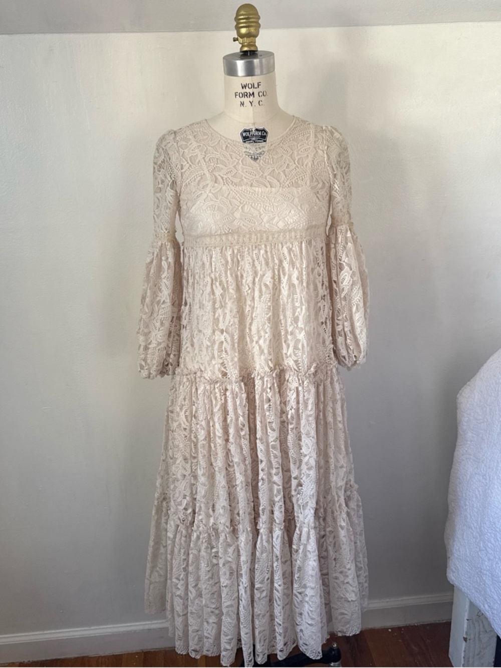 Joyfolie Lace Tiered Maxi Dress in Light Cream